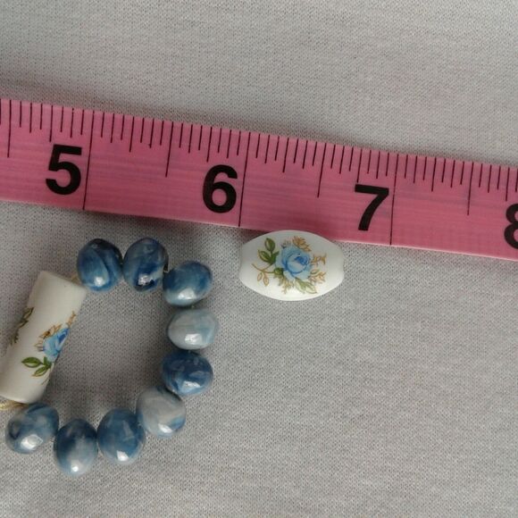 Vintage Japanese Milk Glass  Porcelin Oval And Tube Beads W/ blue rose & round - Picture 5 of 5
